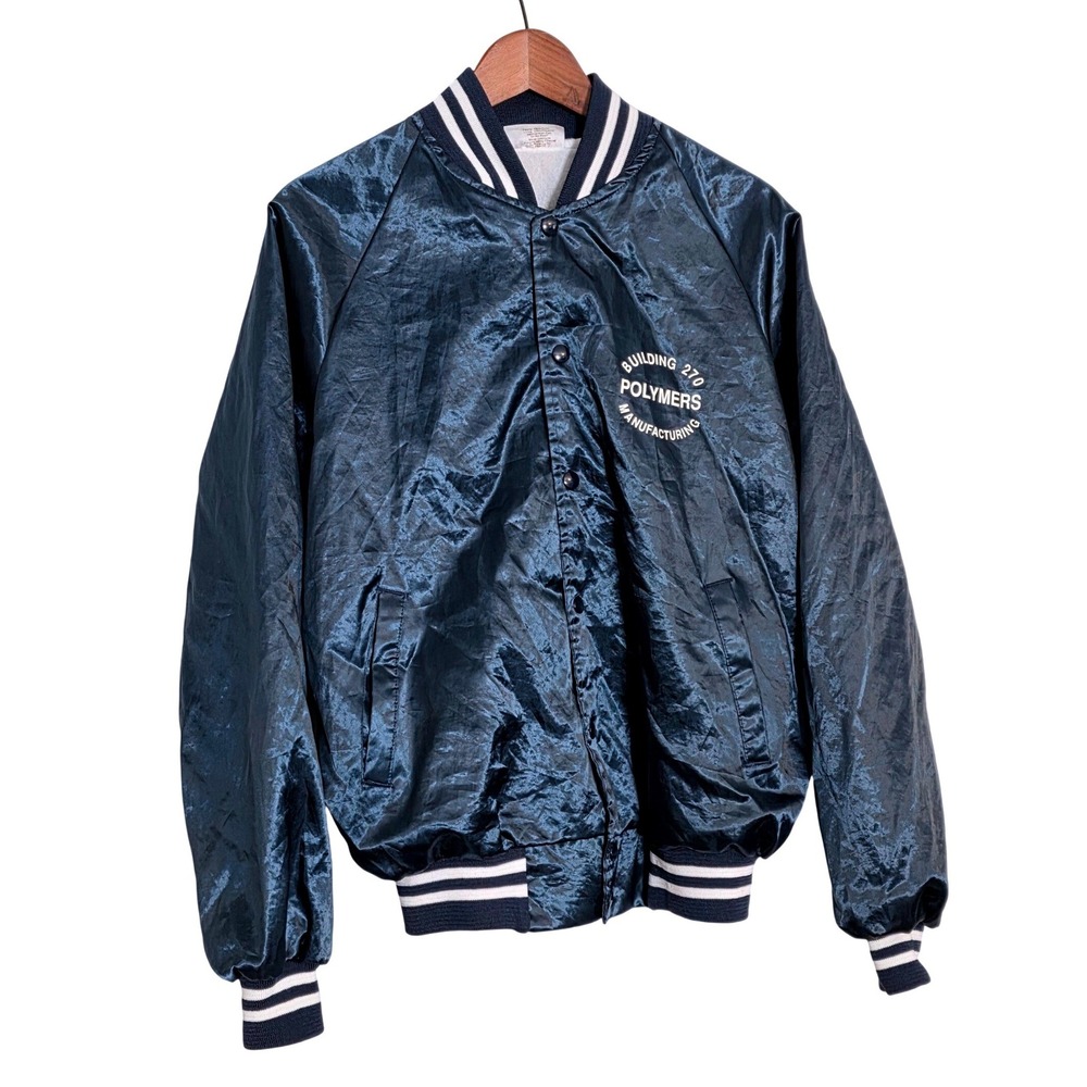 Auburn Sportswear Mens XL Satin Bomber Jacket Work Logo Navy Blue Stripe Vtg